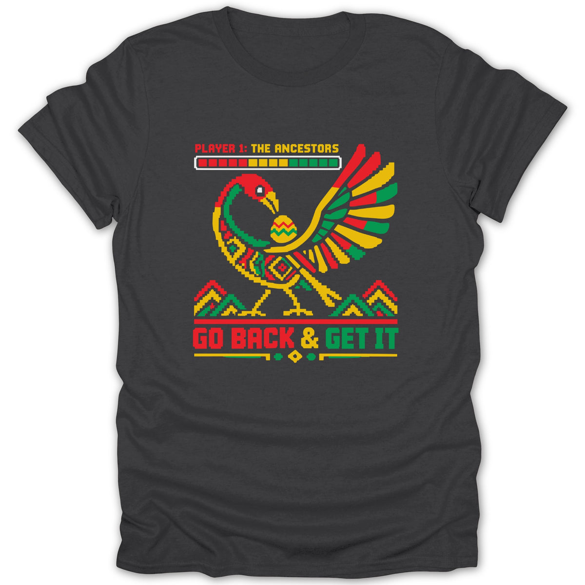 Pixel art bird with red, yellow, and green colors, "PLAYER 1: THE ANCESTORS", and "GO BACK & GET IT" text.