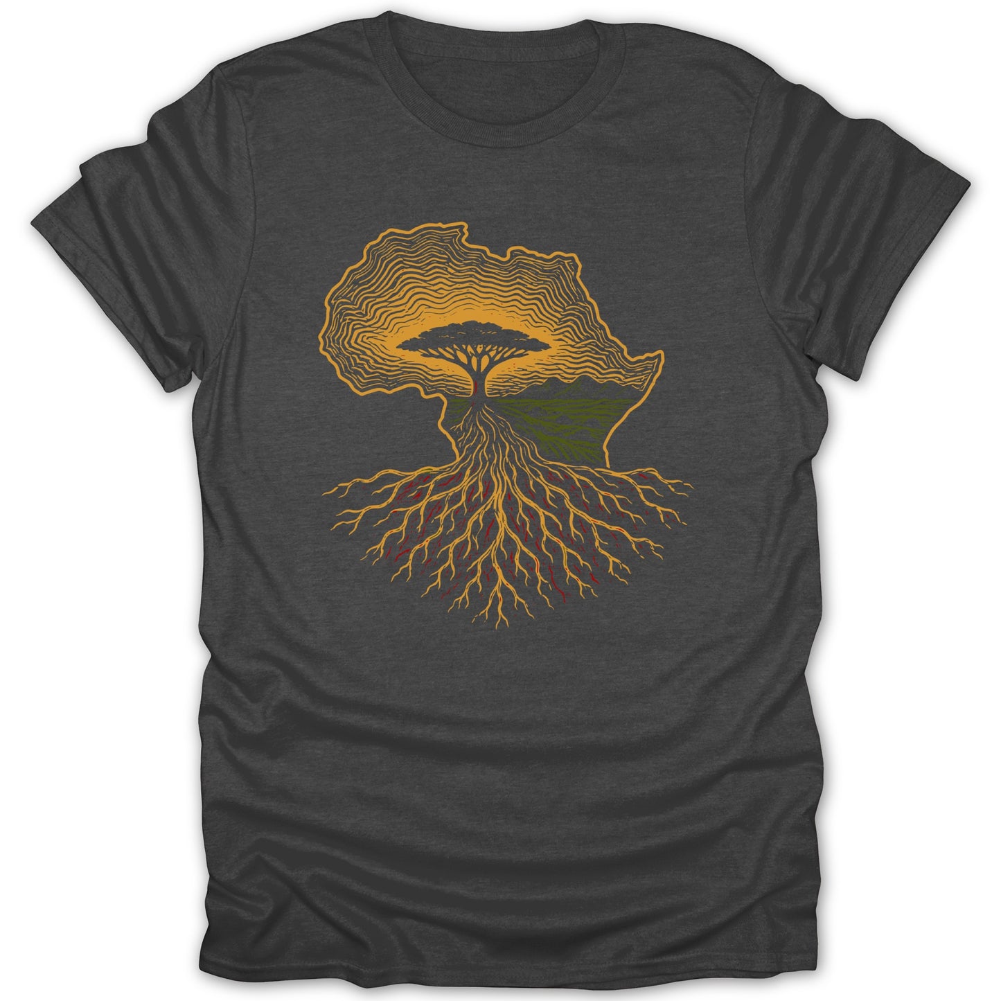Africa outline with tree and roots on dark grey t-shirt