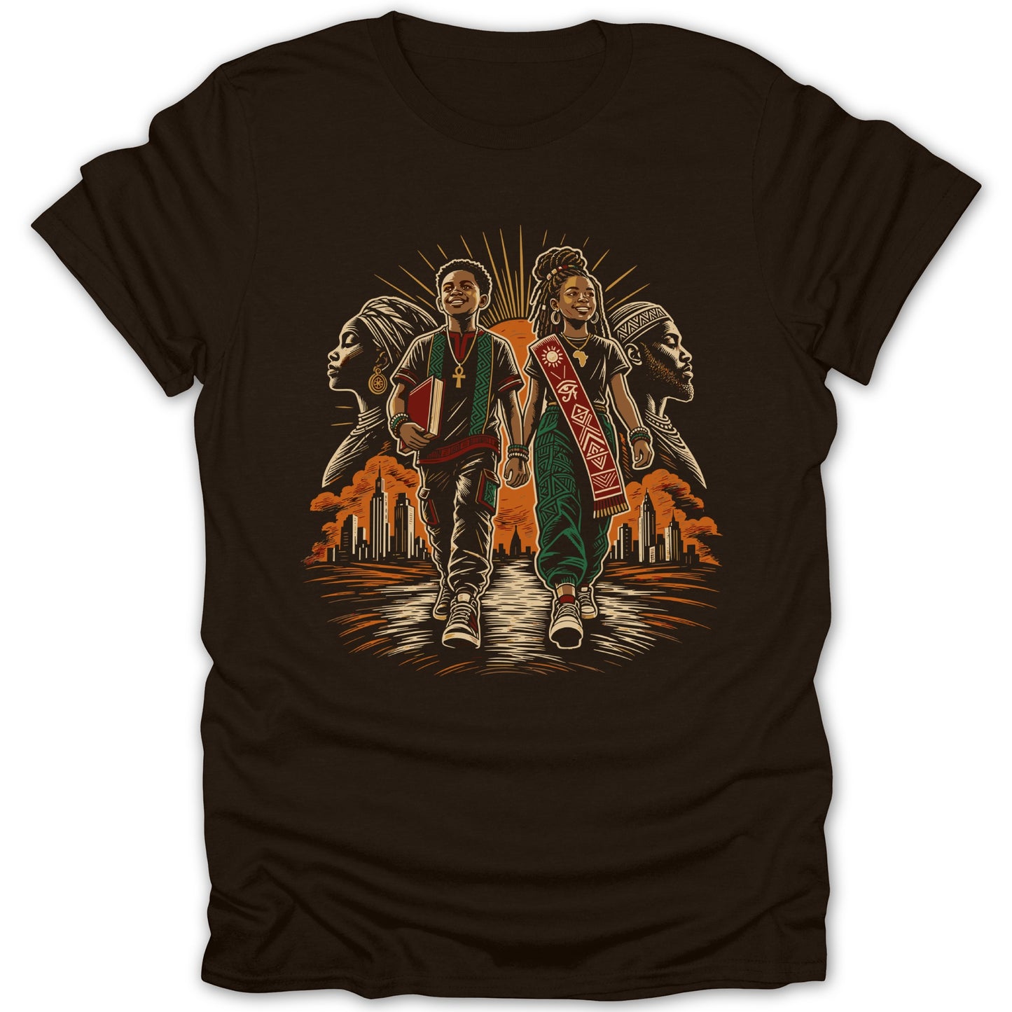 African American couple walking with city skyline and ancestral figures behind them.