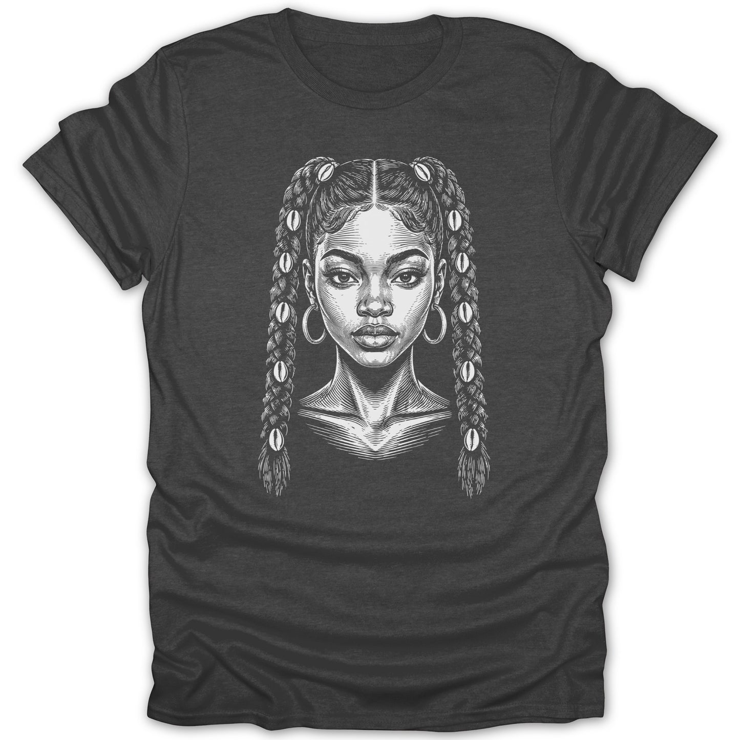 T-shirt featuring a black and white line drawing of a woman with braided hair.