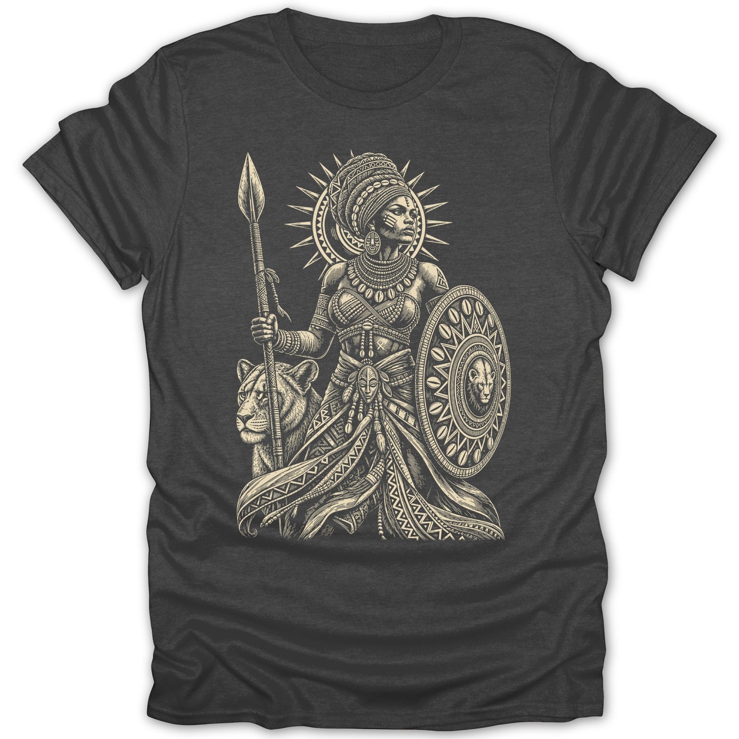 Illustration of woman warrior with spear and lion on charcoal t-shirt.