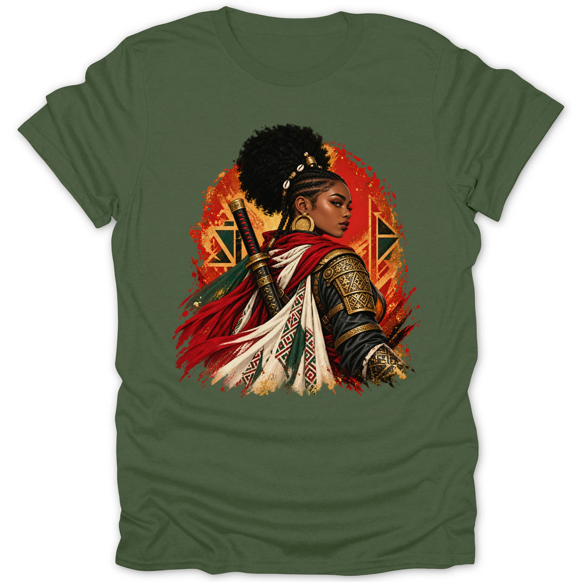 Illustration of a Black warrior woman with a sword and patterned cape on a green t-shirt.