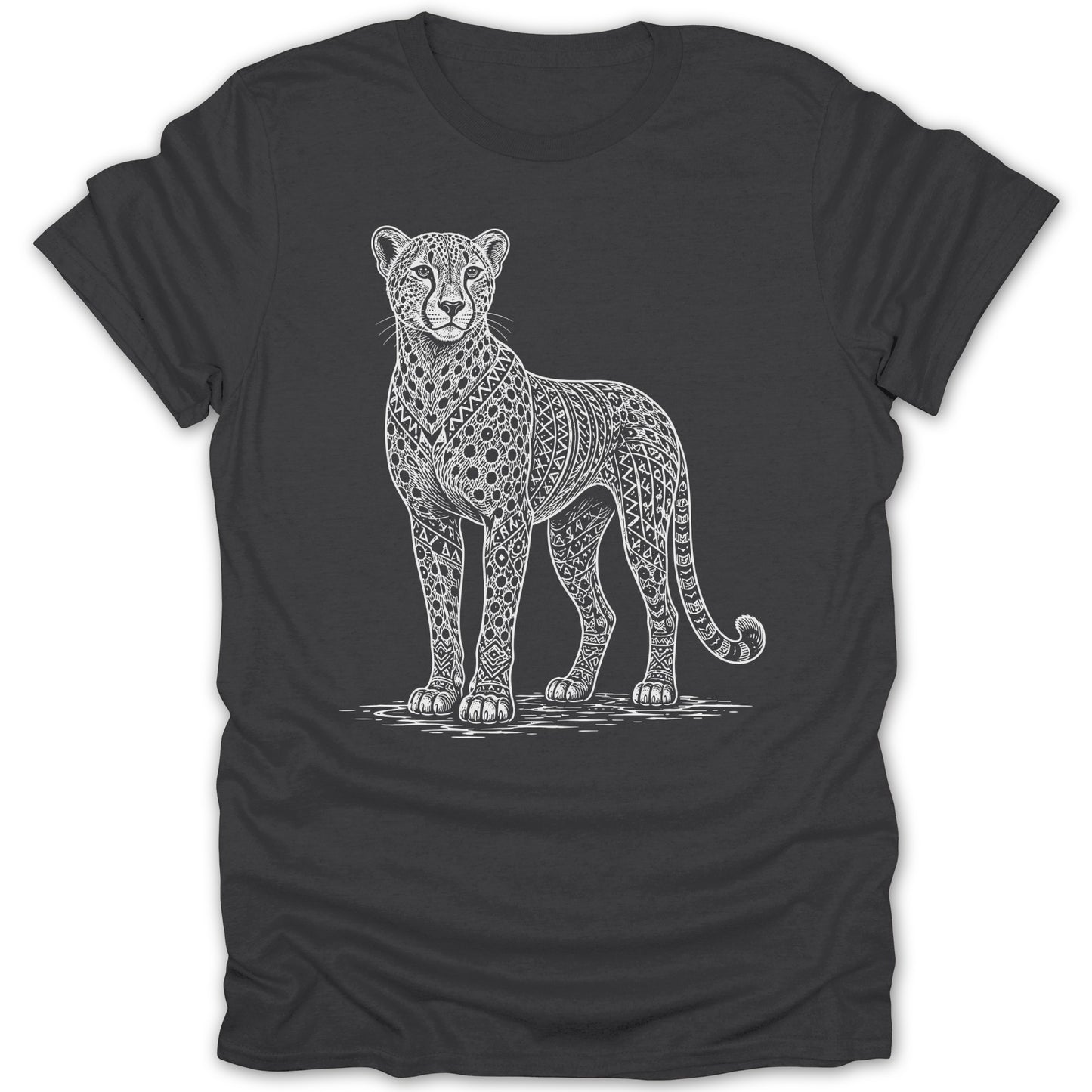 T-shirt with a white line drawing of a cheetah with intricate patterns.