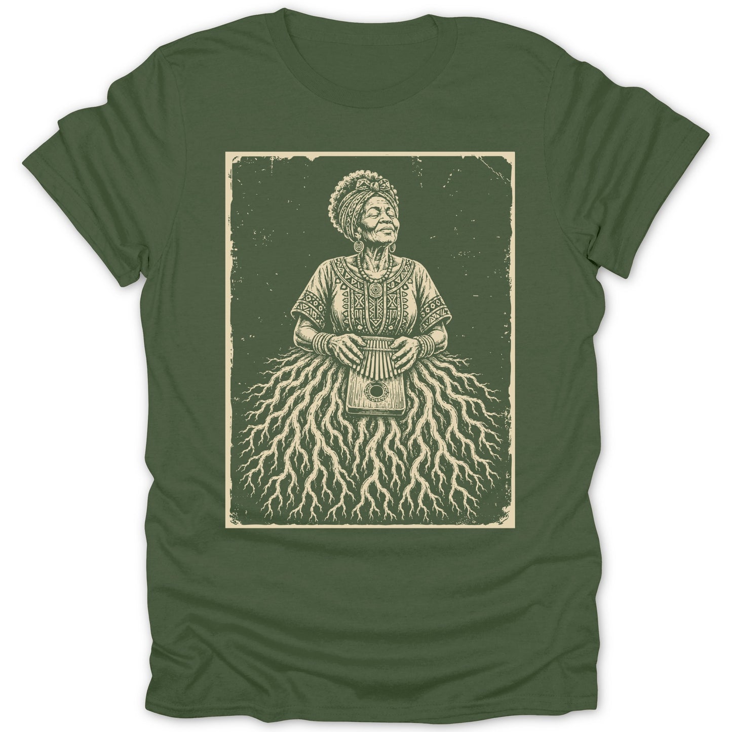 Illustration of a woman with a kalimba, wearing traditional clothing and a root-like skirt.