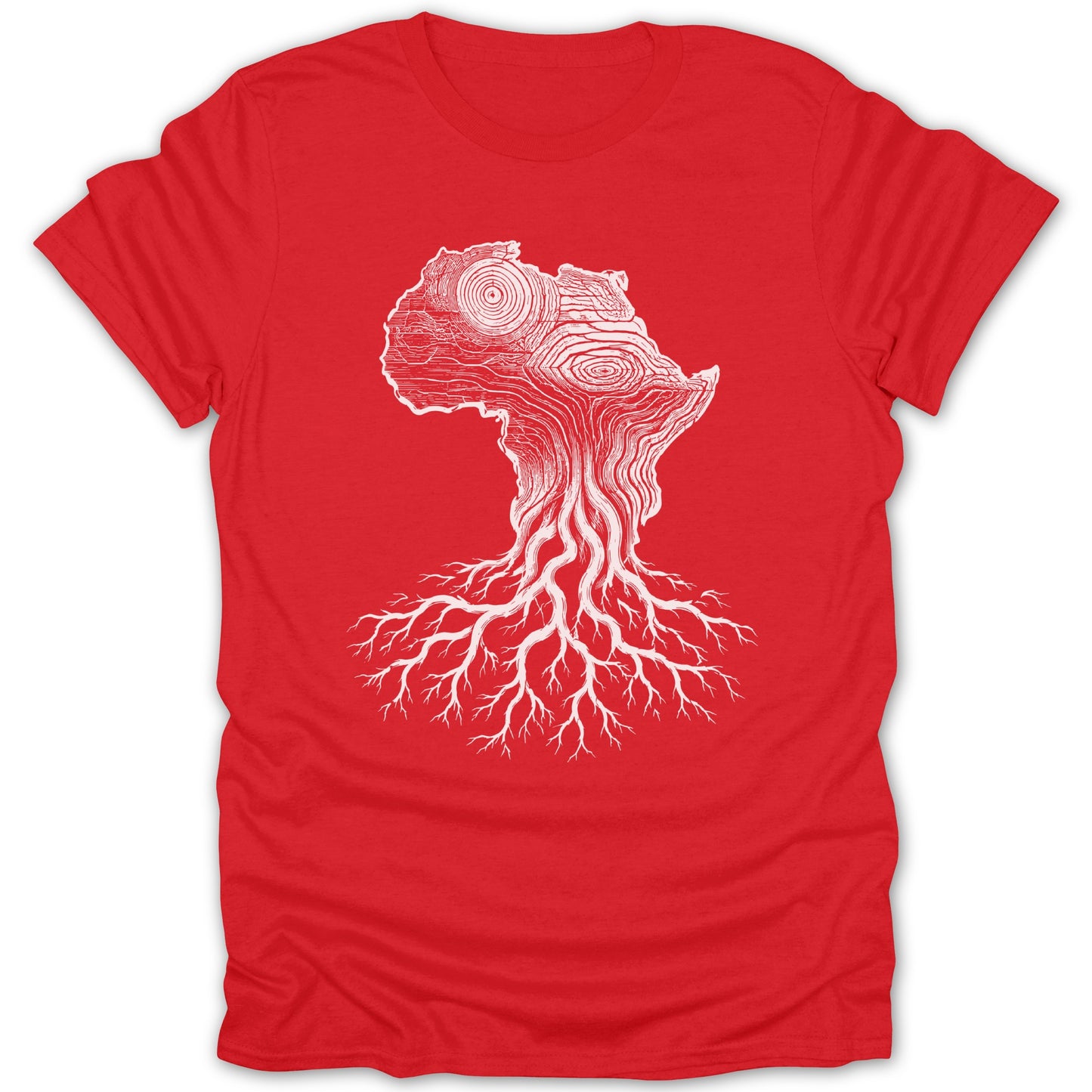 Red t-shirt with white graphic of Africa shaped like a tree trunk with roots.