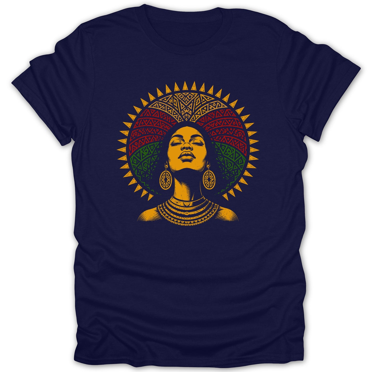 Illustration of woman with afro and sunburst crown on navy t-shirt.