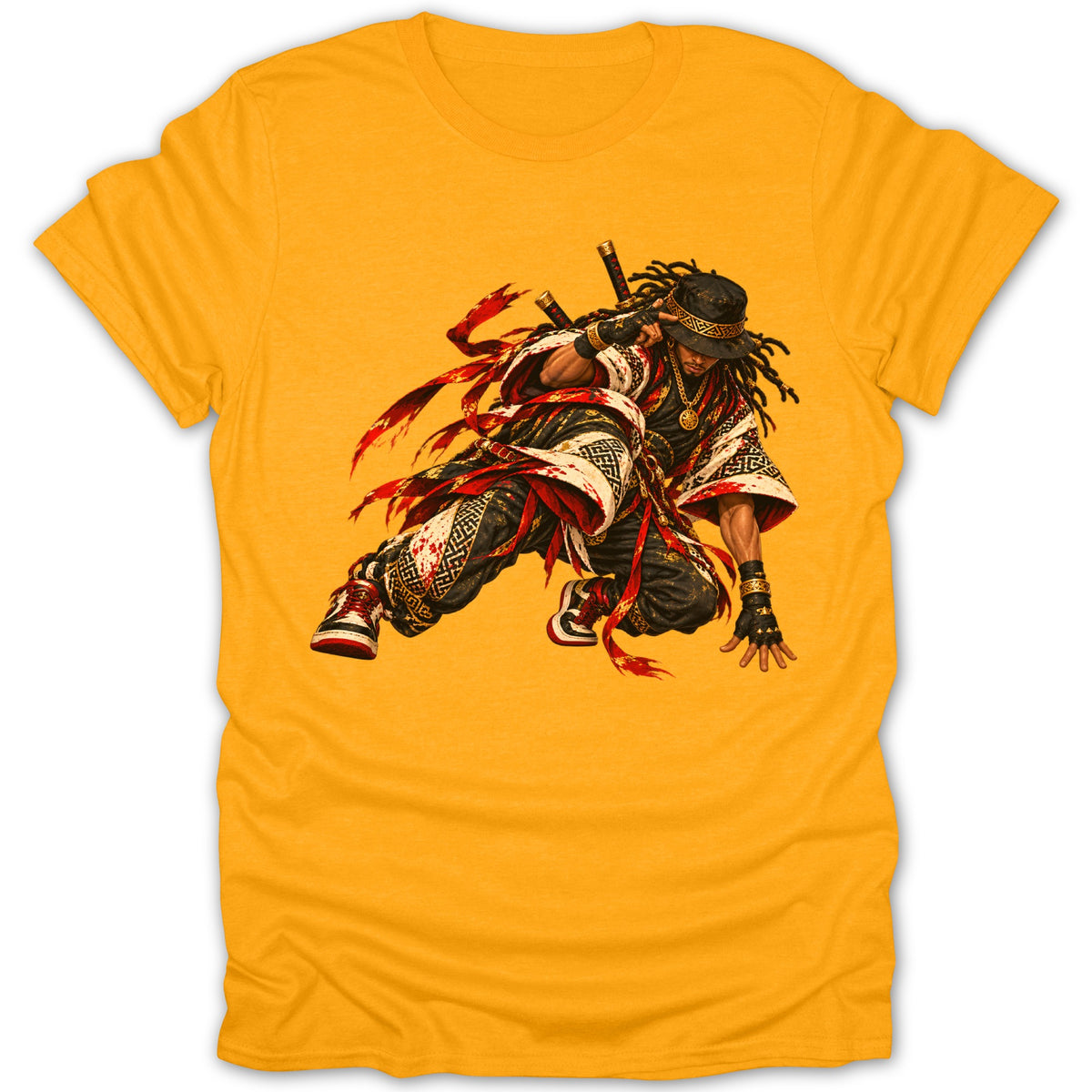 Samurai warrior with dreadlocks and swords on a yellow t-shirt.