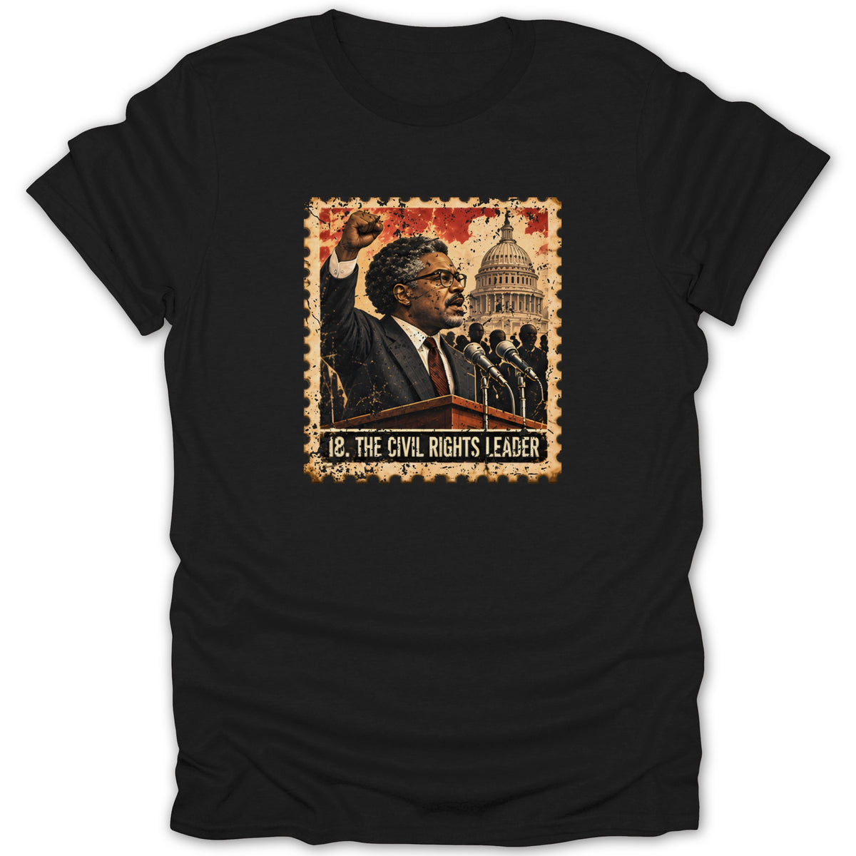 Black t-shirt featuring a postage stamp graphic of a civil rights leader speaking with a raised fist.