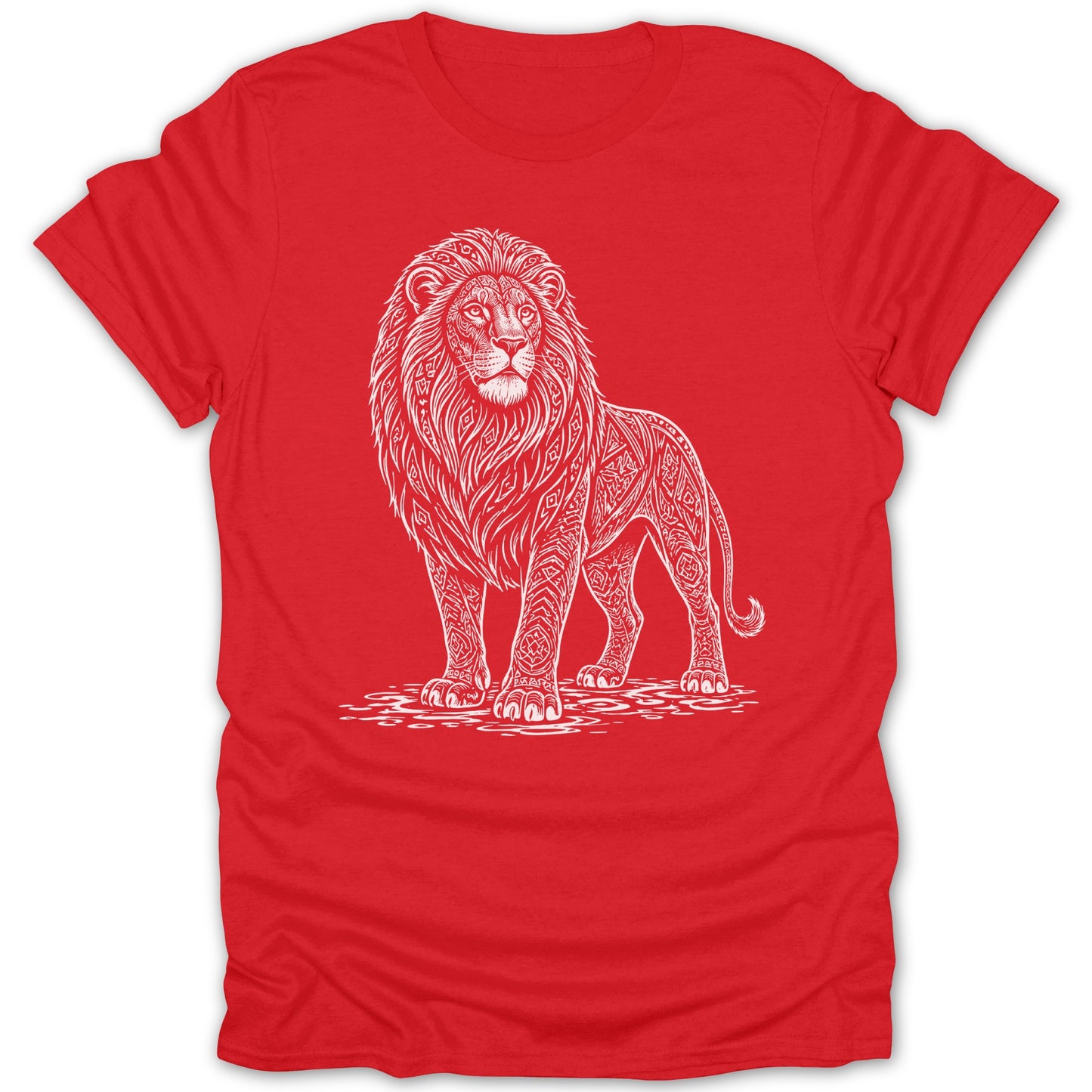 Red t-shirt with white stylized lion design against a water-like pattern.