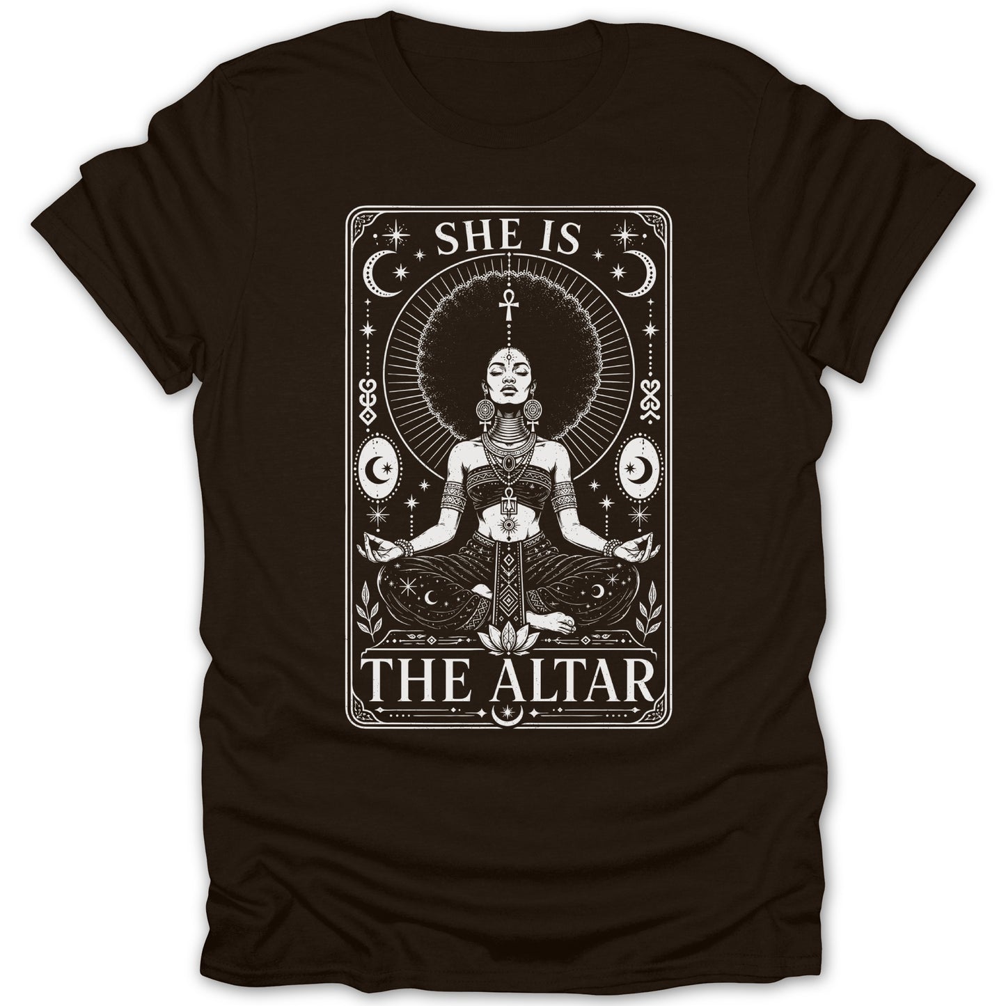 Woman meditating with afro hairdo, text "SHE IS THE ALTAR."