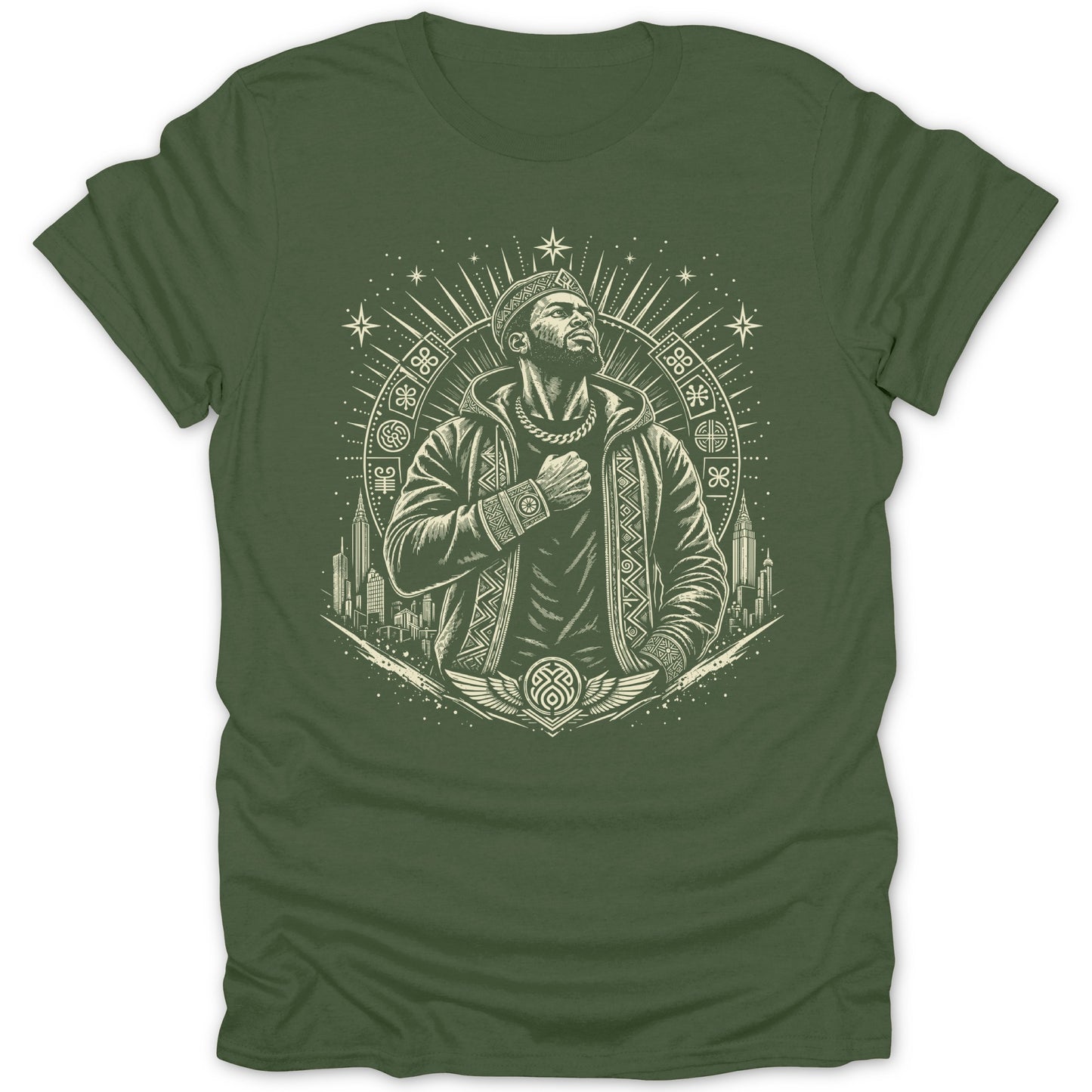 Green t-shirt with a central circular graphic of a man and cityscape.