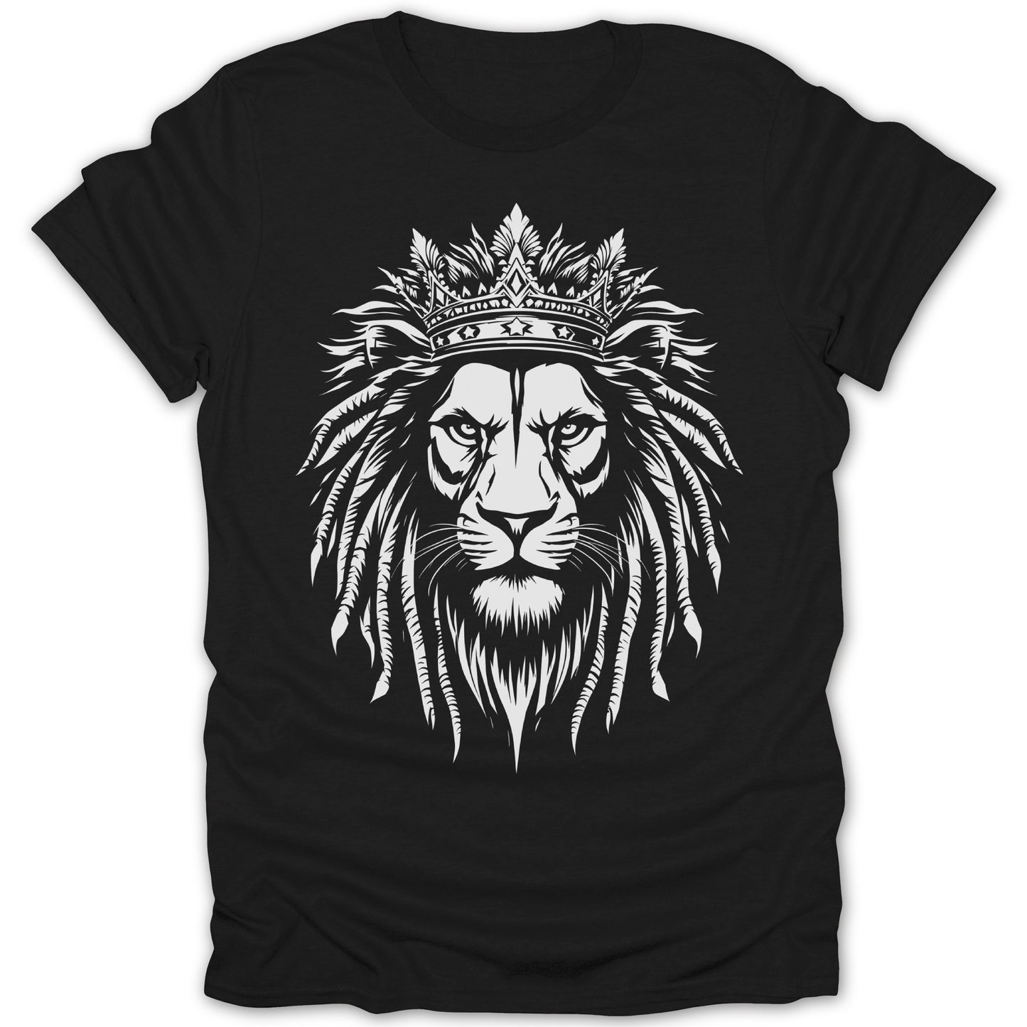 Black t-shirt with white graphic of a lion wearing a crown
