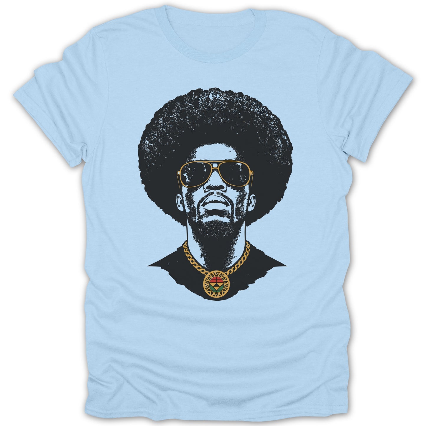 Light blue t-shirt with a black graphic of a man with an afro, sunglasses, and a pendant.