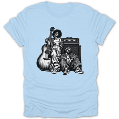 Black and white illustration of a man and woman with a guitar and amplifier.