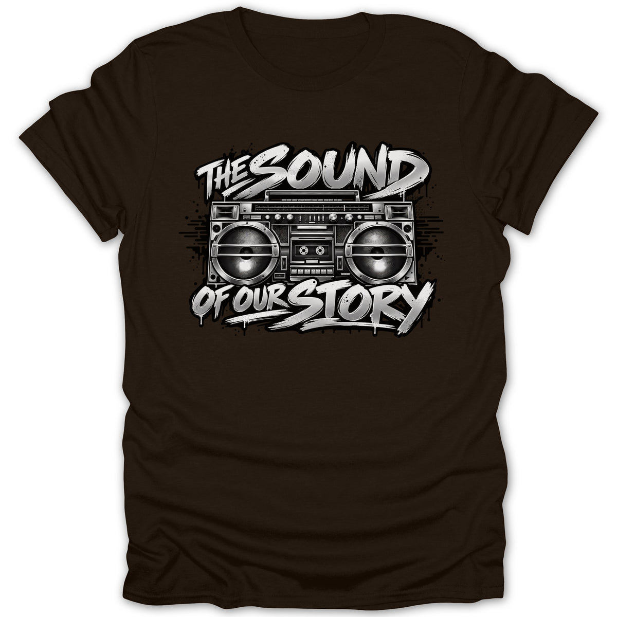 Brown t-shirt with graphic of a boombox and text: "THE SOUND OF OUR STORY".