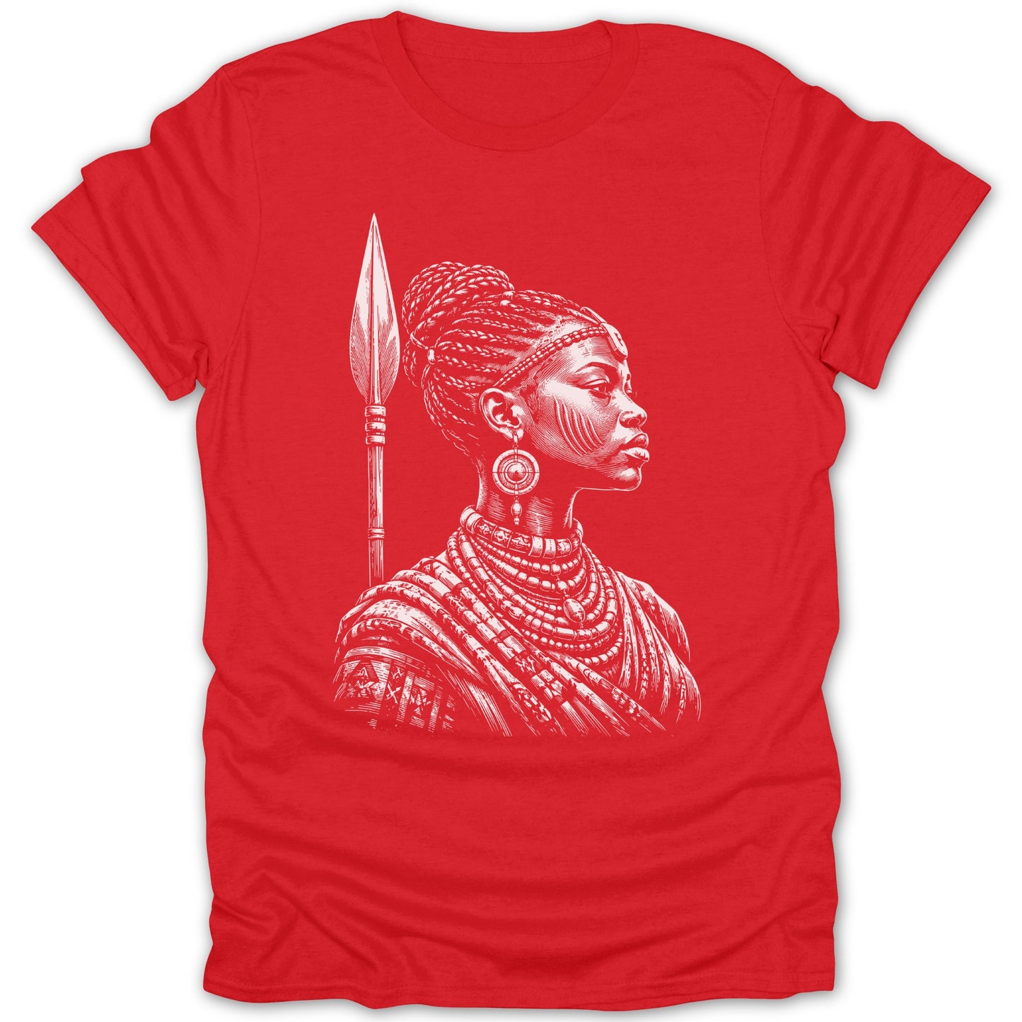 White illustration of a woman wearing traditional African jewelry and holding a spear on a red t-shirt.