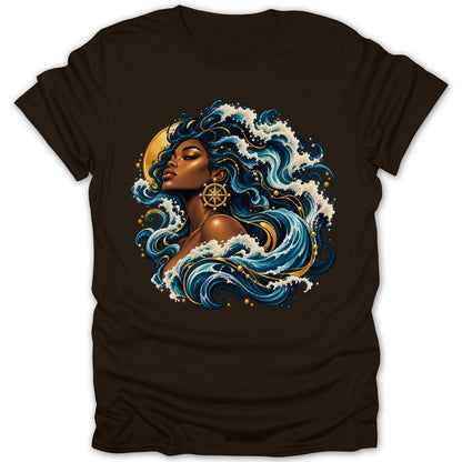 Woman with blue hair and waves, gold moon, and ship wheel earring.