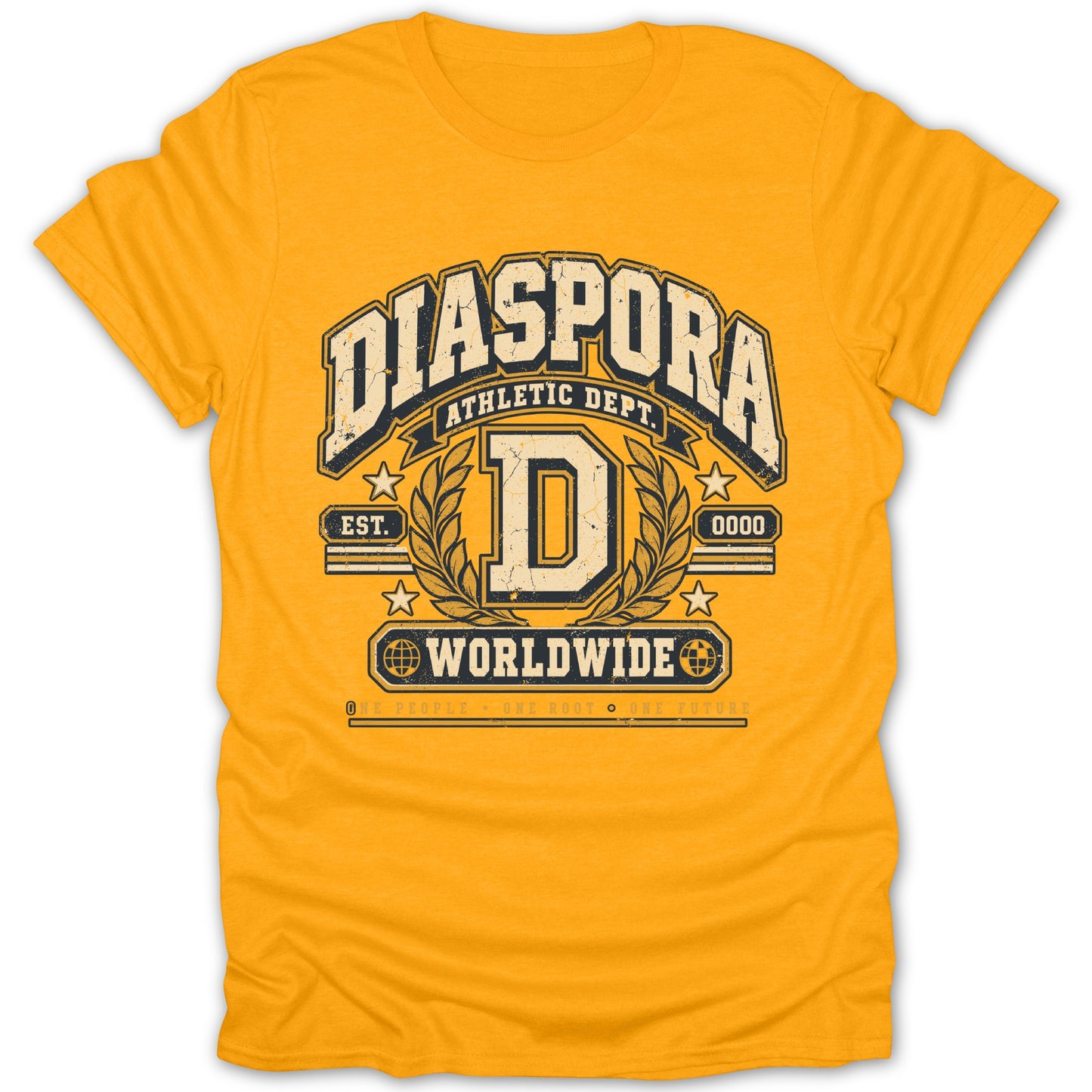 Yellow t-shirt with "DIASPORA ATHLETIC DEPT." design and "WORLDWIDE" text.