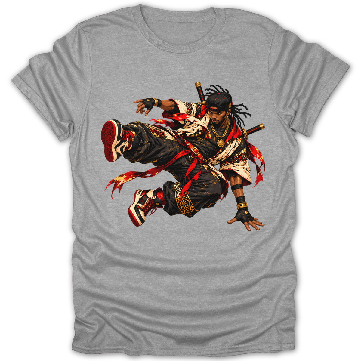 Illustration of a dynamic samurai-inspired character in mid-air leap on a grey t-shirt.