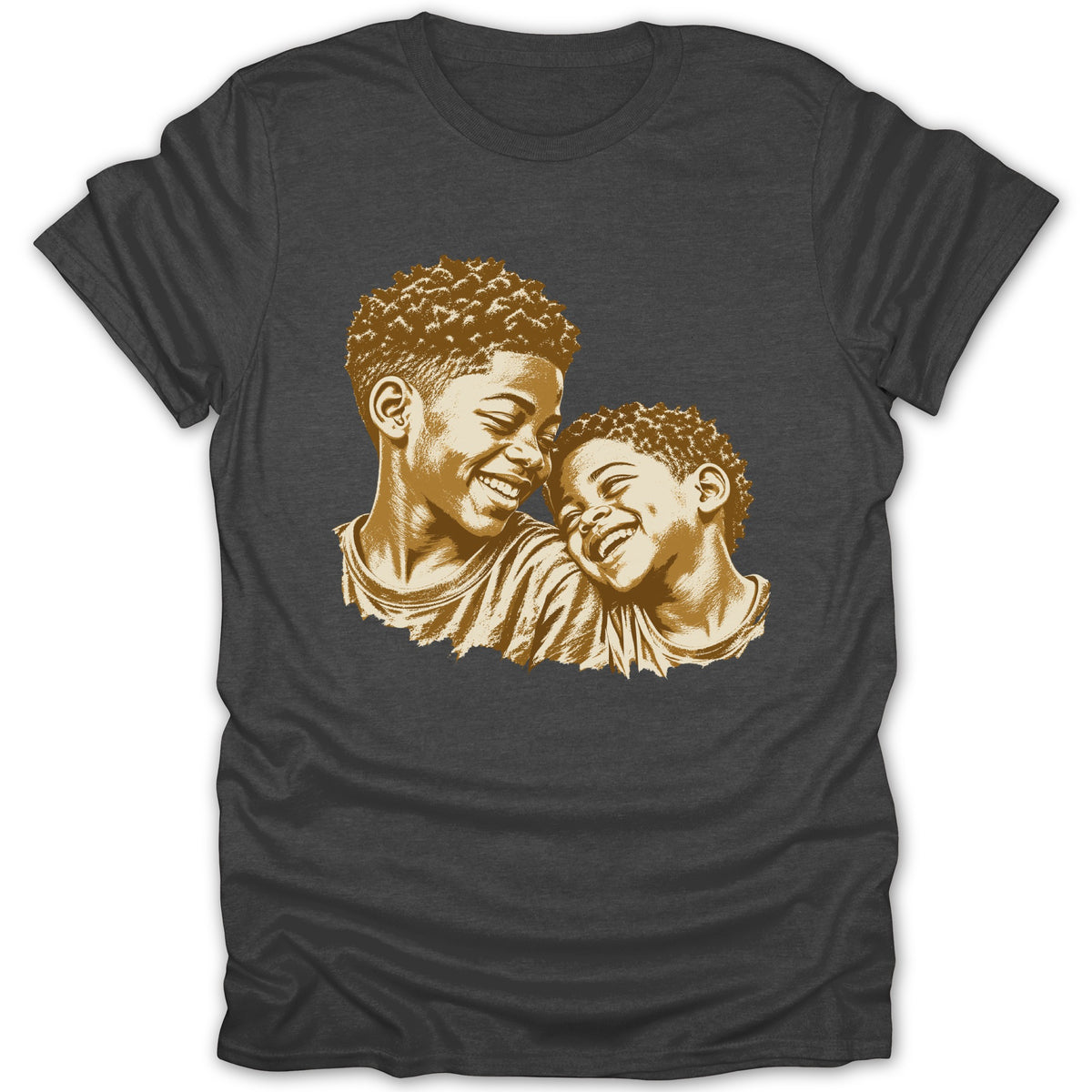 Brown illustration of two smiling young boys on a dark grey t-shirt.