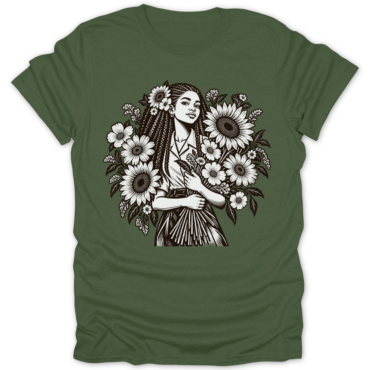 T-shirt with black and white illustration of a woman with braids and flowers.