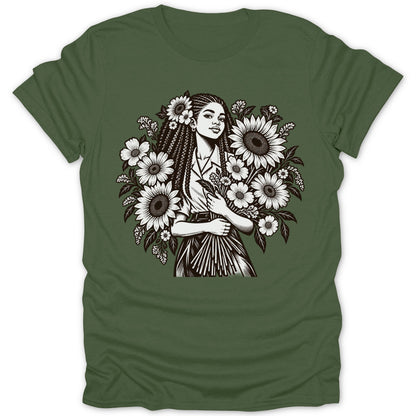 T-shirt with black and white illustration of a woman with braids and flowers.