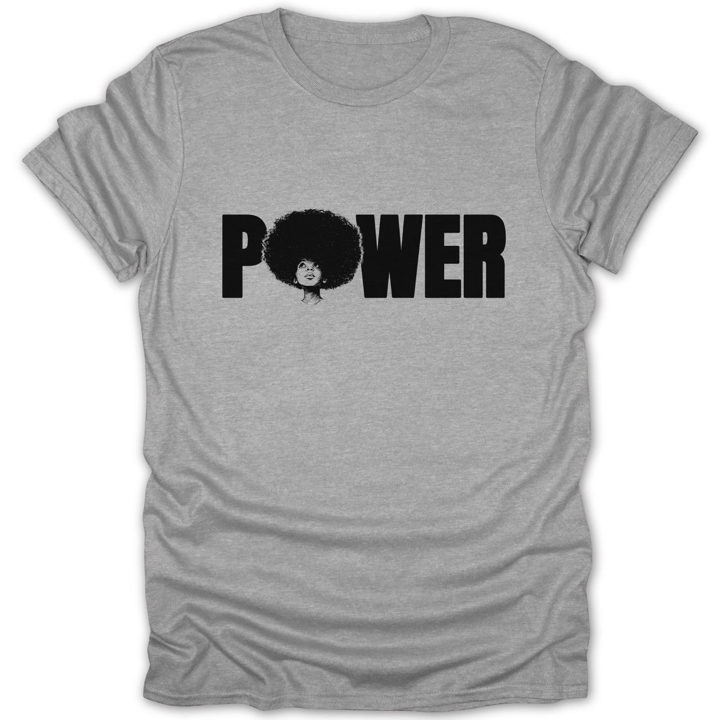 Grey t-shirt with black text "POWER" and a woman's face with an afro.
