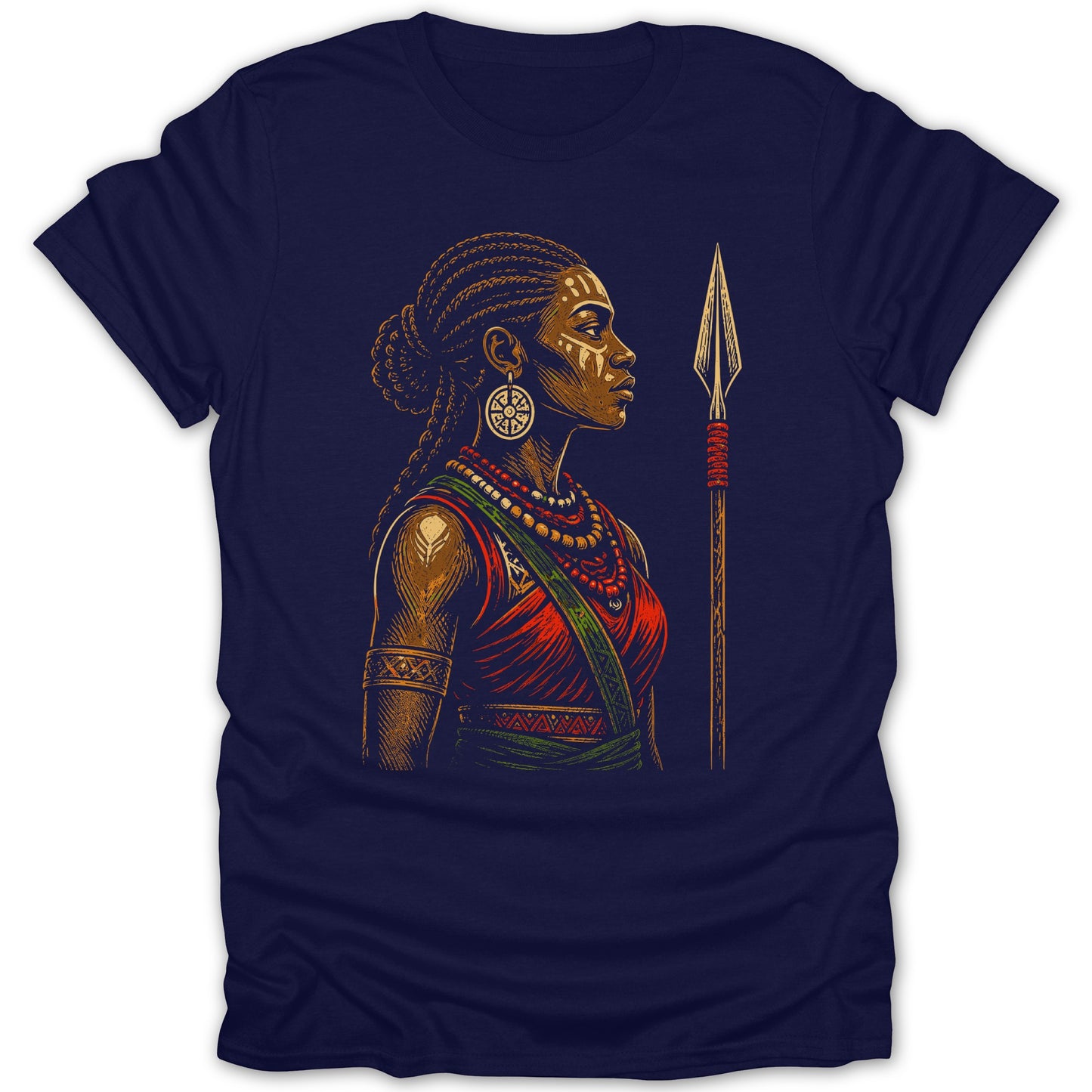 Illustration of a woman in traditional attire holding a spear.