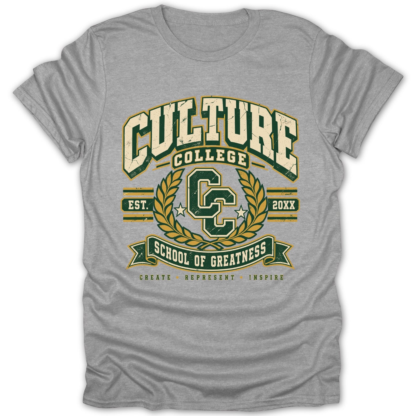 Grey t-shirt with distressed "Culture College School of Greatness" graphic and CC logo.