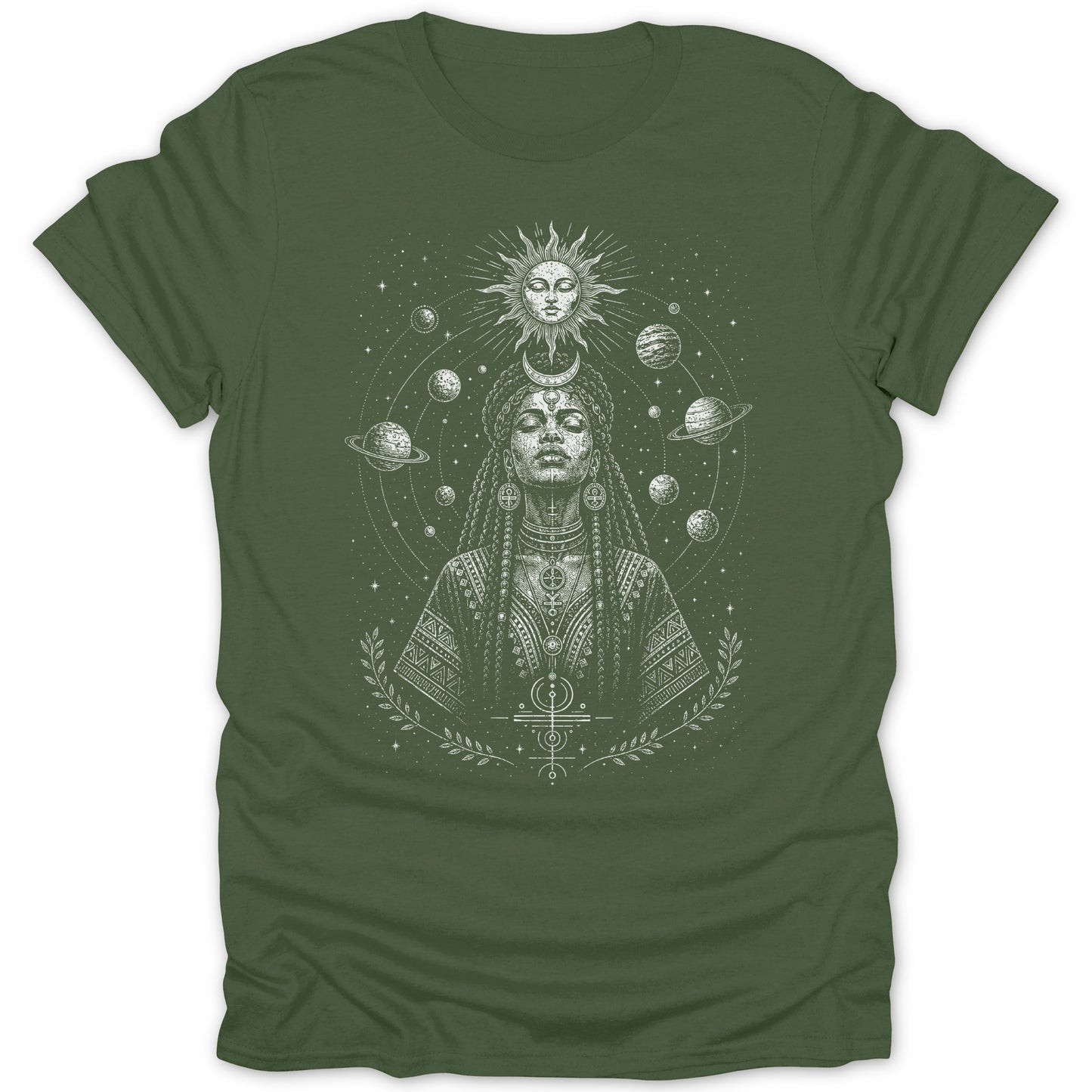 Green t-shirt featuring a celestial woman with planets and sun design.