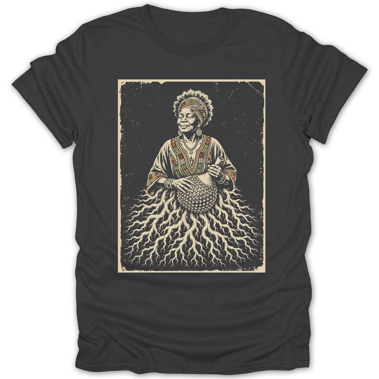 Illustration of an elder woman with roots growing from her dress in a vintage style.