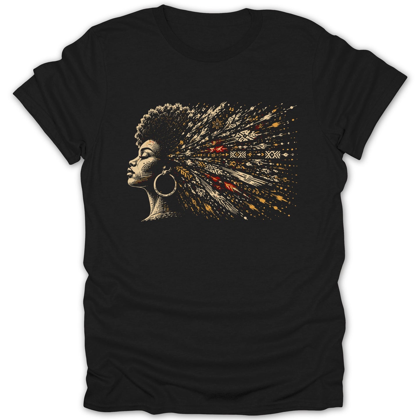 Black t-shirt with a profile of a woman with abstract, tribal-patterned hair.