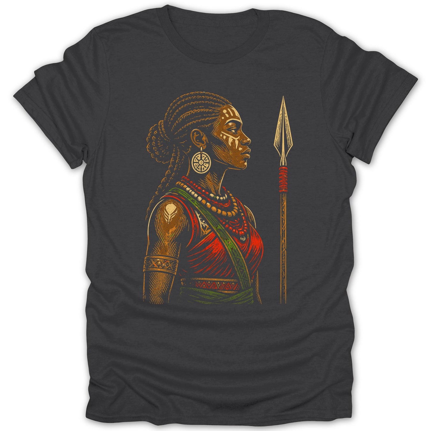 Illustration of a woman with braids and face paint holding a spear.
