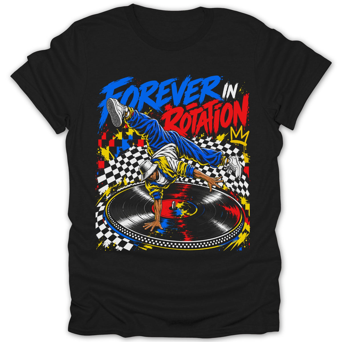 Breakdancer on turntable with "FOREVER IN ROTATION" text and checkered background.