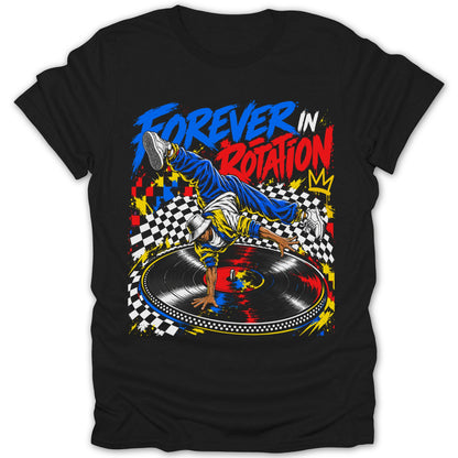 Breakdancer on turntable with "FOREVER IN ROTATION" text and checkered background.