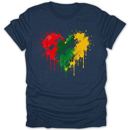 Navy t-shirt with a red, green, and yellow splattered heart design.
