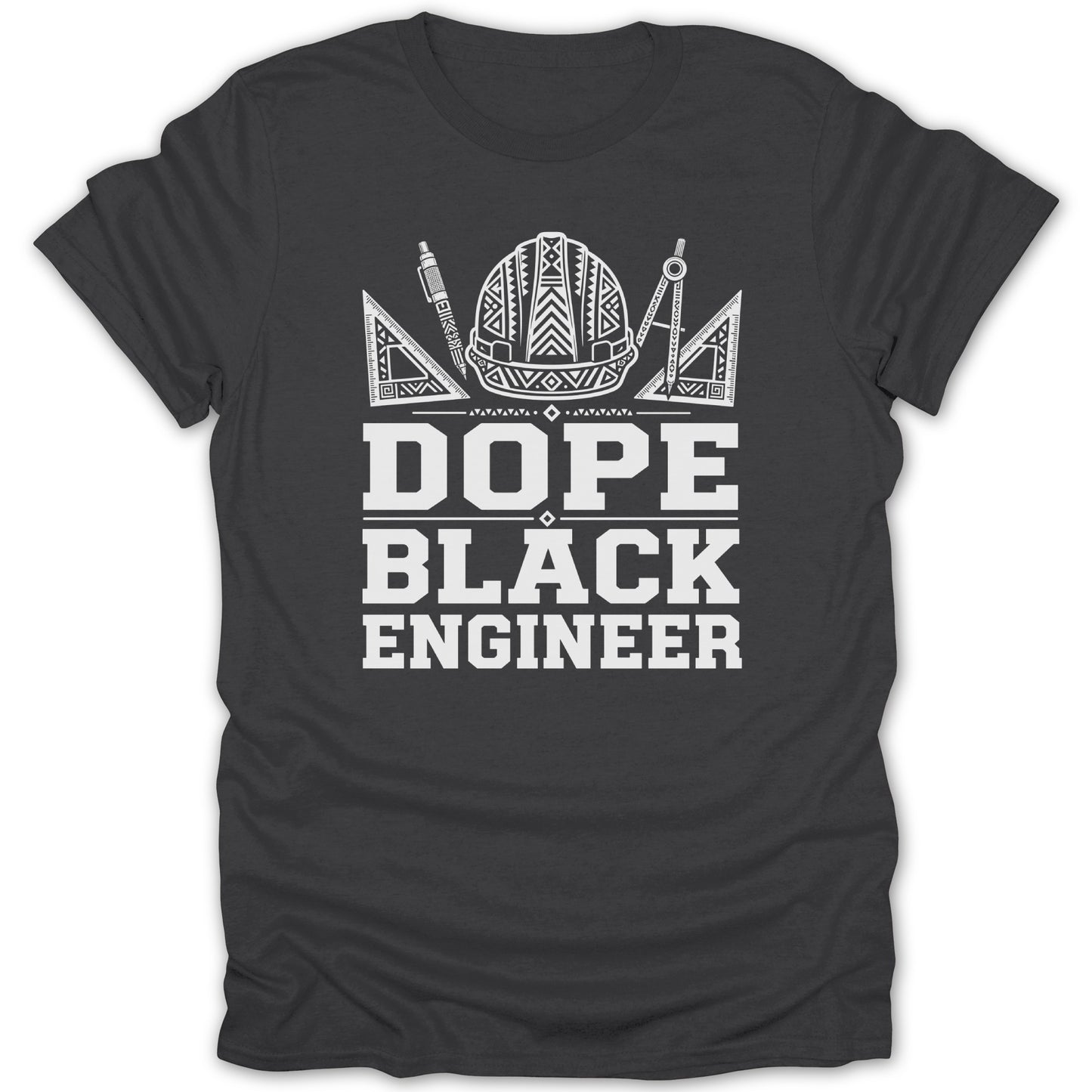 T-shirt with text "DOPE BLACK ENGINEER" and engineering graphics.