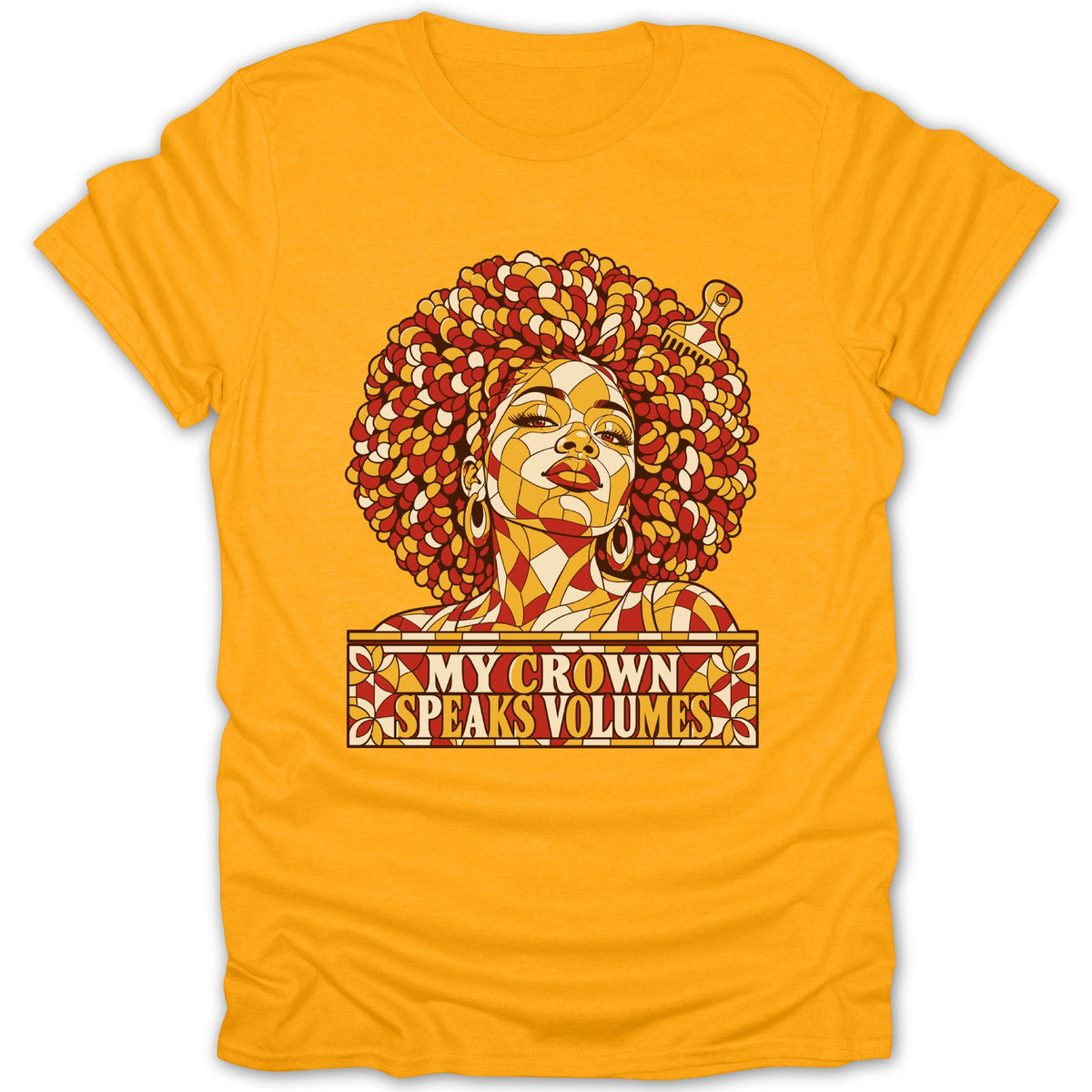 Gold t-shirt featuring a mosaic illustration of a Black woman with large afro hair and text reading My Crown Speaks Volumes.