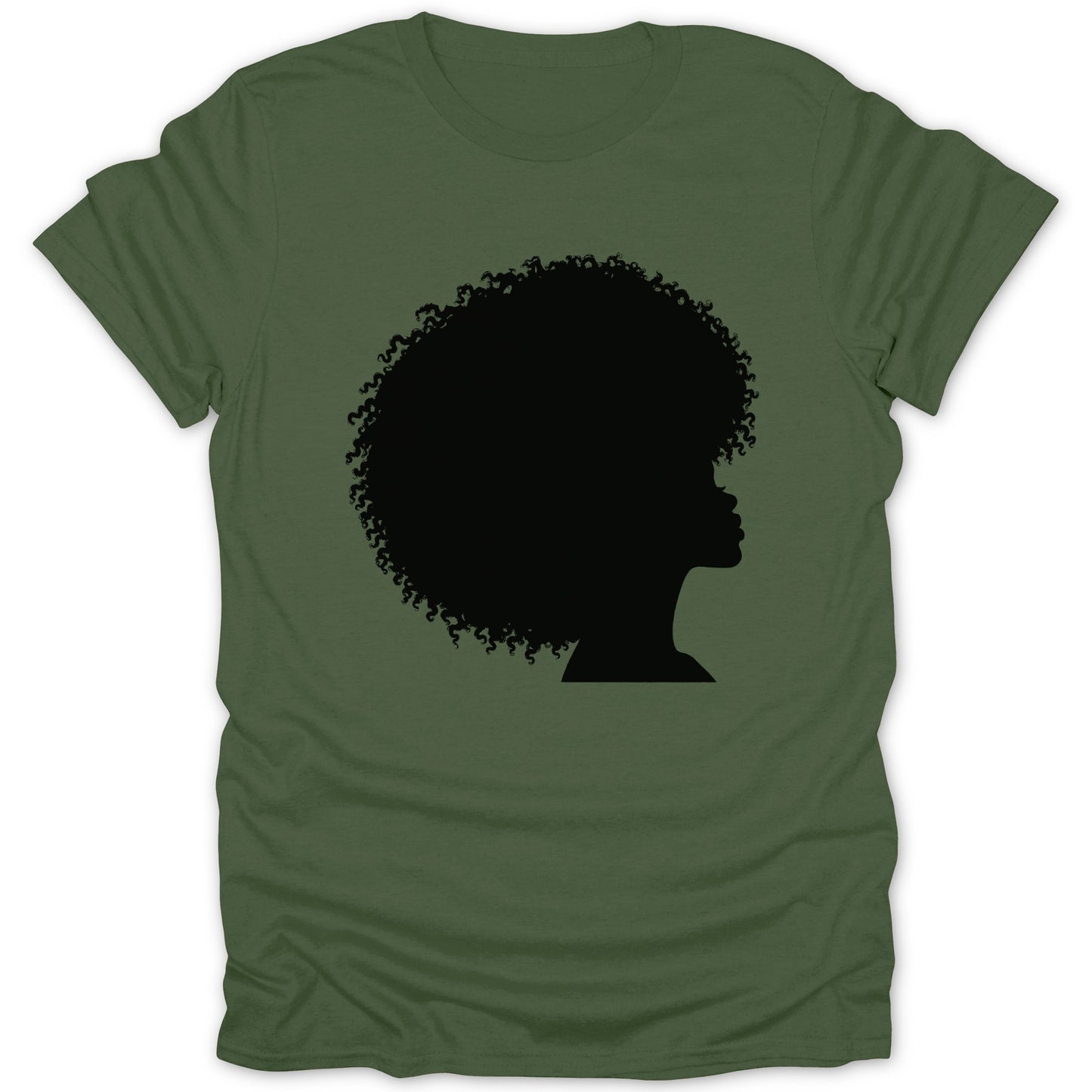 Black silhouette of a woman's profile with large afro hair on a green t-shirt.