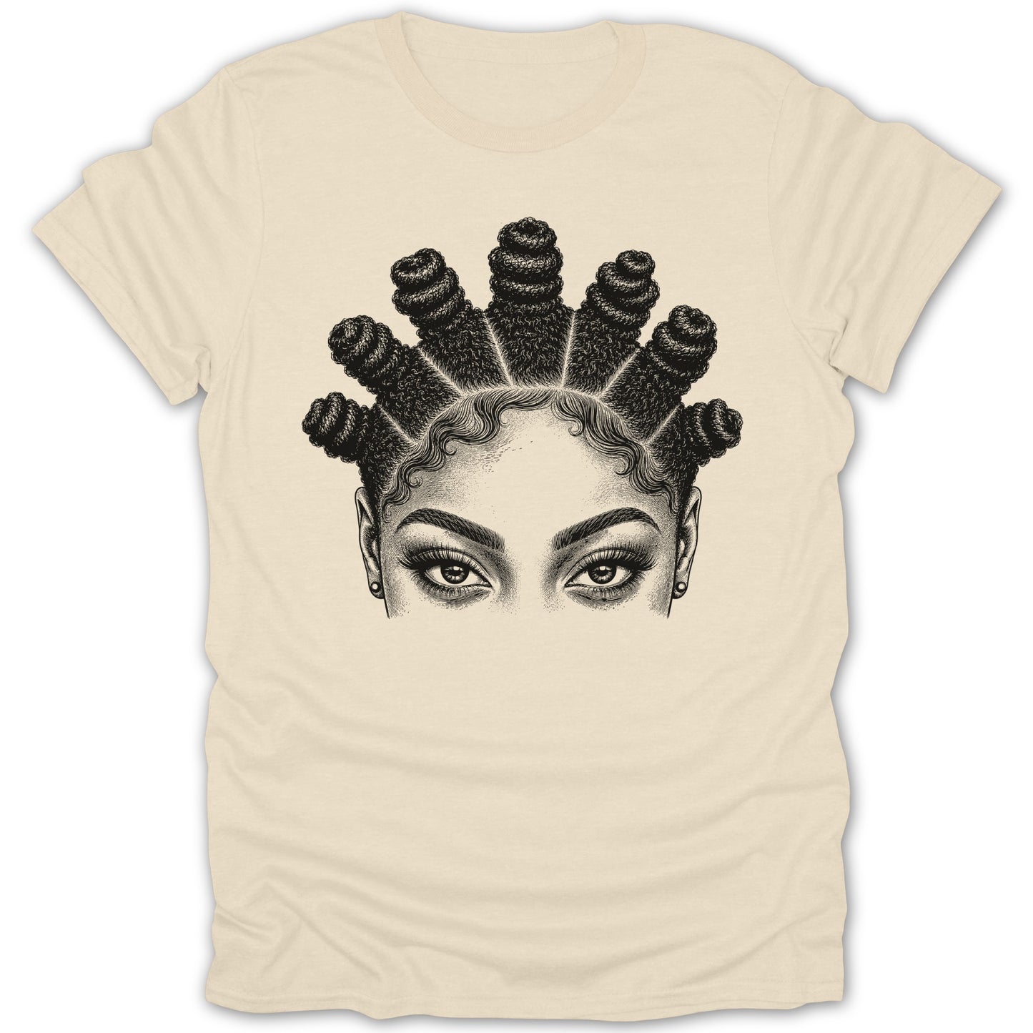 Sketch of eyes and hair styled in Bantu knots on a cream t-shirt.