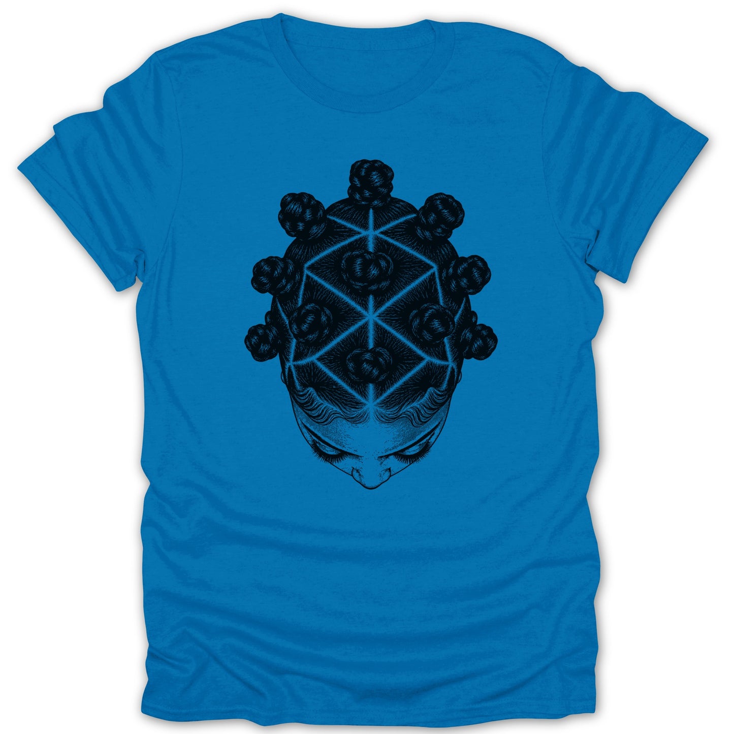 Blue t-shirt with black graphic of a head with braided Bantu knots and geometric lines.