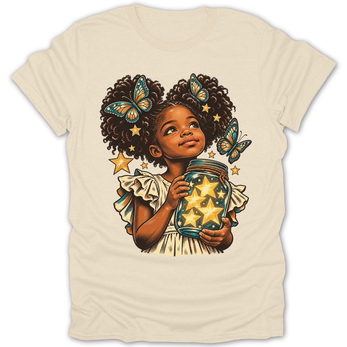 Girl holding jar of glowing stars with butterflies and stars in her hair.