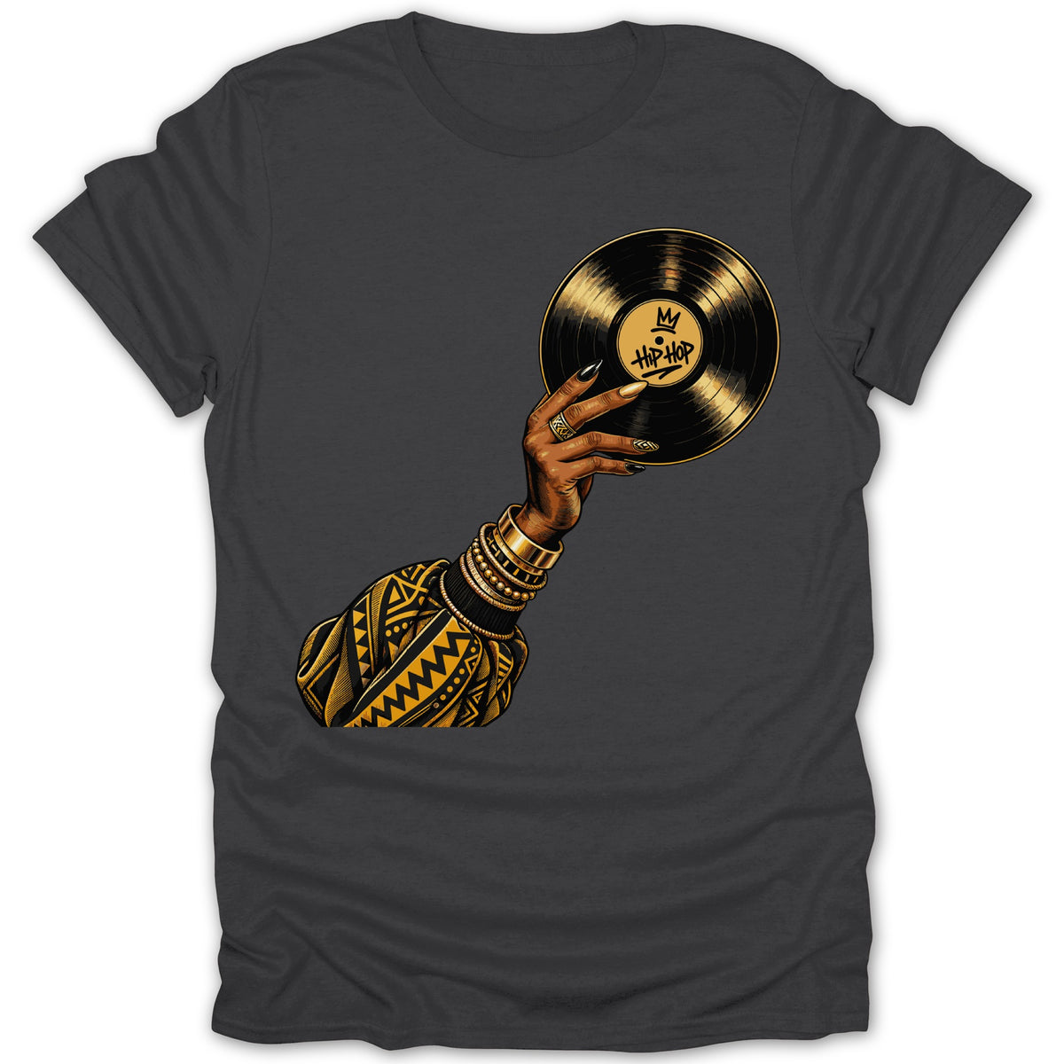 Hand holding a "Hip-Hop" vinyl record on a dark gray t-shirt.