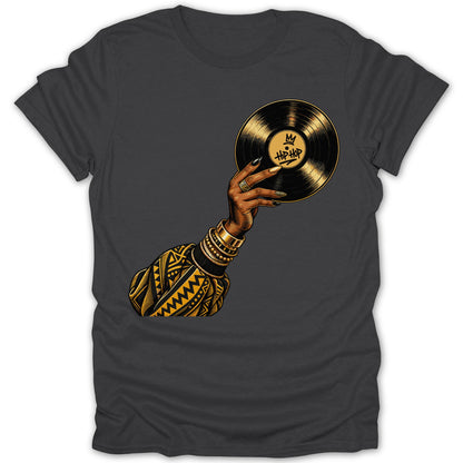 Hand holding a "Hip-Hop" vinyl record on a dark gray t-shirt.