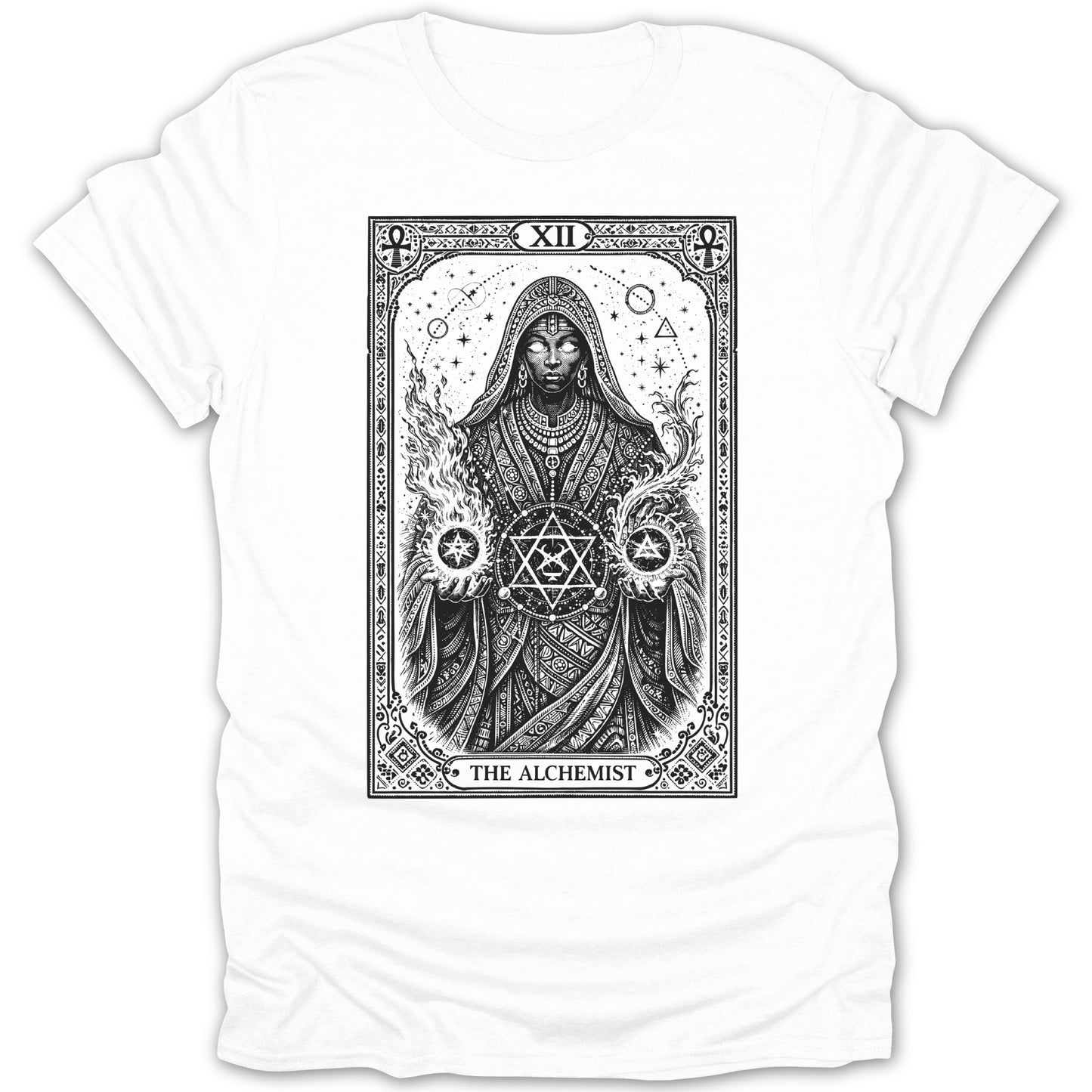 The Alchemist Sacred Symbolism Divine Power T-shirt product type
Alchemist, Tarot Card, Esoteric Art, Mystical Design, Occult Symbolism, Alchemy Magic, Spiritual Apparel, Sacred Geometry, Goddess Figure, Divine Power, Hexagram Symbol, Black White Art, Gothic Style, Fantasy Graphic, Bohemian Spirit, Witchy Vibes, Magic Practice, Mysticism, XII Card, Enlightenment