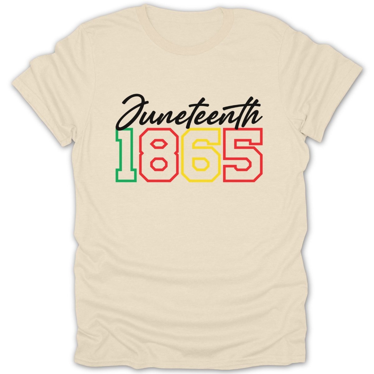 Cream t-shirt with Juneteenth 1865 in red, green, and yellow.