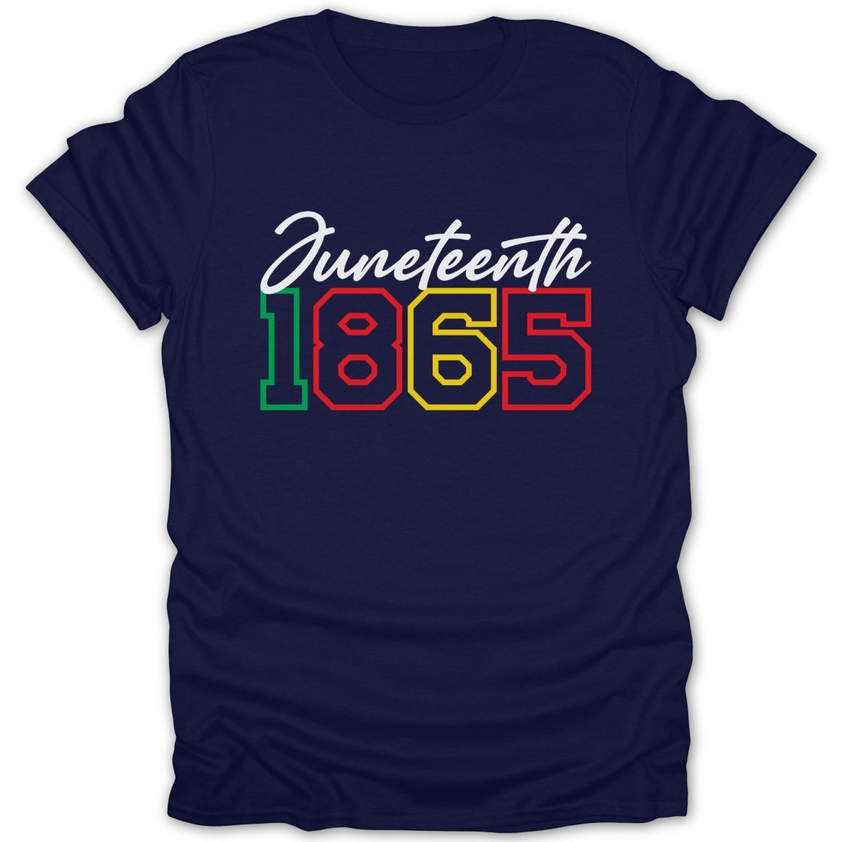 Navy t-shirt with "Juneteenth 1865" in colorful block lettering.