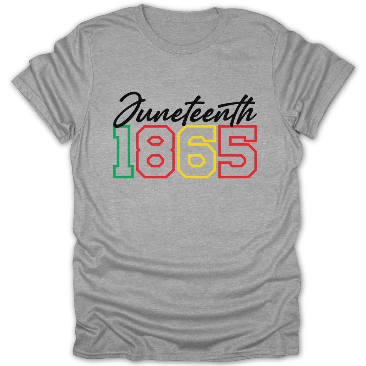 Gray t-shirt with "Juneteenth 1865" text in red, green, and yellow.