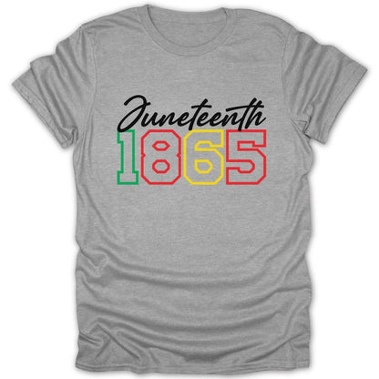 Gray t-shirt with "Juneteenth 1865" text in red, green, and yellow.
