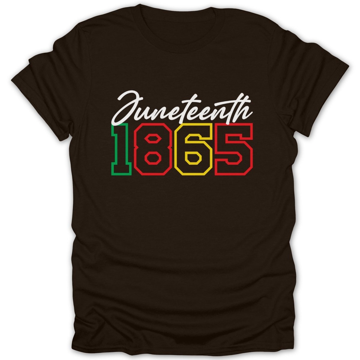 Black t-shirt with "Juneteenth 1865" text in red, yellow, and green.